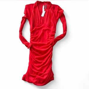 By Anthropologie Red V Neck Mesh Ruched Mini Dress